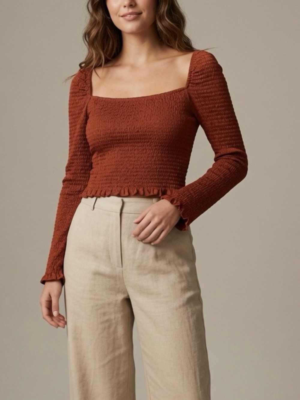 Blush Boutique Rust Smocked Square-Neck Long Sleeve Top